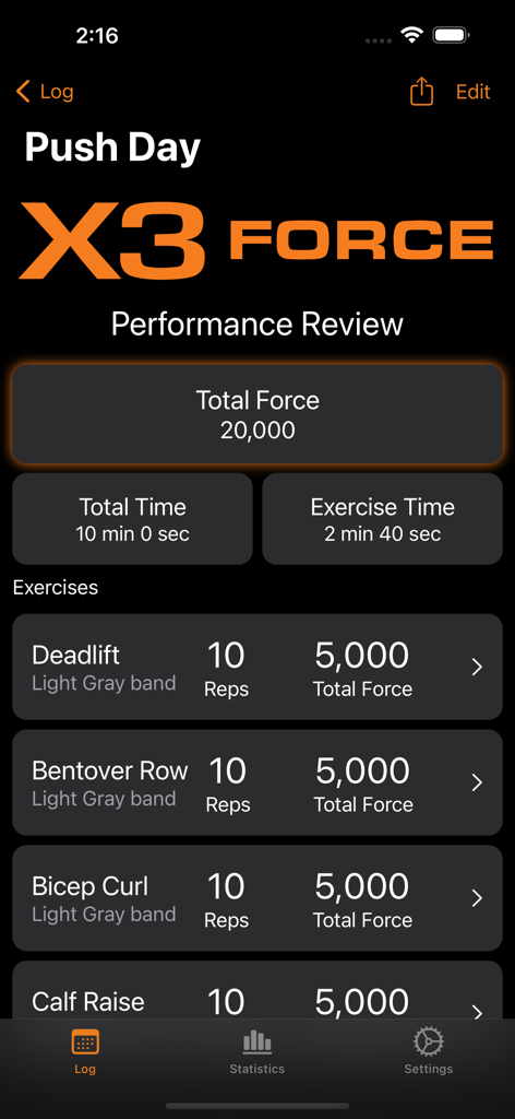 X3 Force - X3 Force app performance review screen displaying total force and exercise data for a push day workout