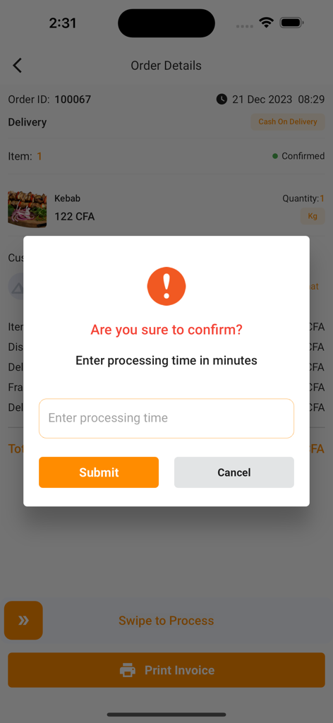 AfriShop: Product Delivery - Interfaz de la aplicación AfriShop que muestra una pantalla de detalles del pedido con un cuadro de diálogo emergente para ingresar el tiempo de procesamiento antes de la confirmación