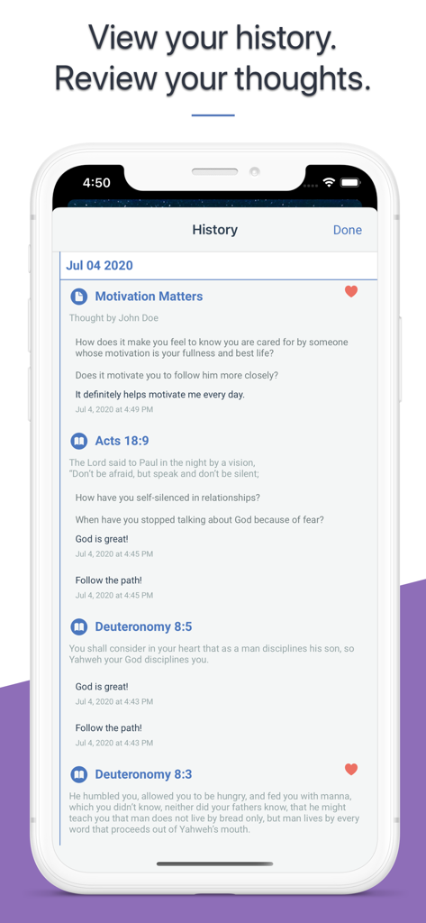 Um smartphone mostrando a tela de histórico do aplicativo Bible Thoughts com versículos diários e reflexões pessoais.