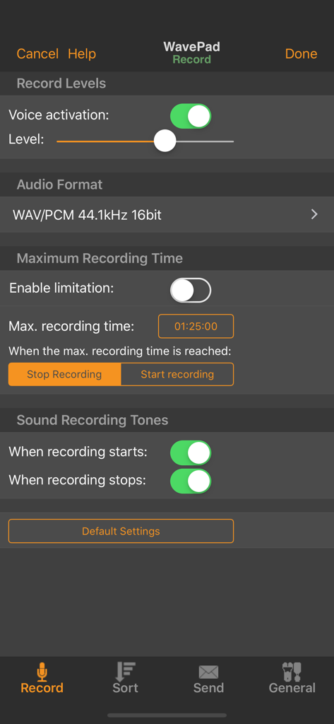 WavePad Music and Audio Editor - WavePad recording settings screen showing voice activation level, audio format selection, and maximum recording time options.