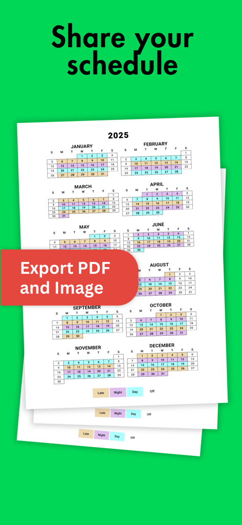 Shift Work Calendar - Simple - Visão anual do calendário de 2025 com turnos codificados por cores para horários diurnos, noturnos e tardios com opção de exportar como PDF ou imagem.