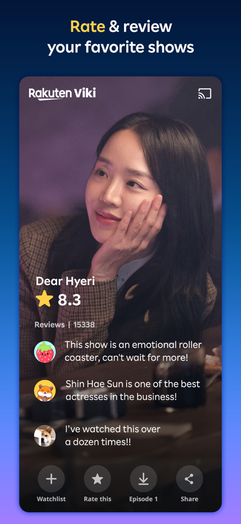 A mobile screen showing user reviews and an 8.3 rating for the Korean drama Dear Hyeri on the Viki app