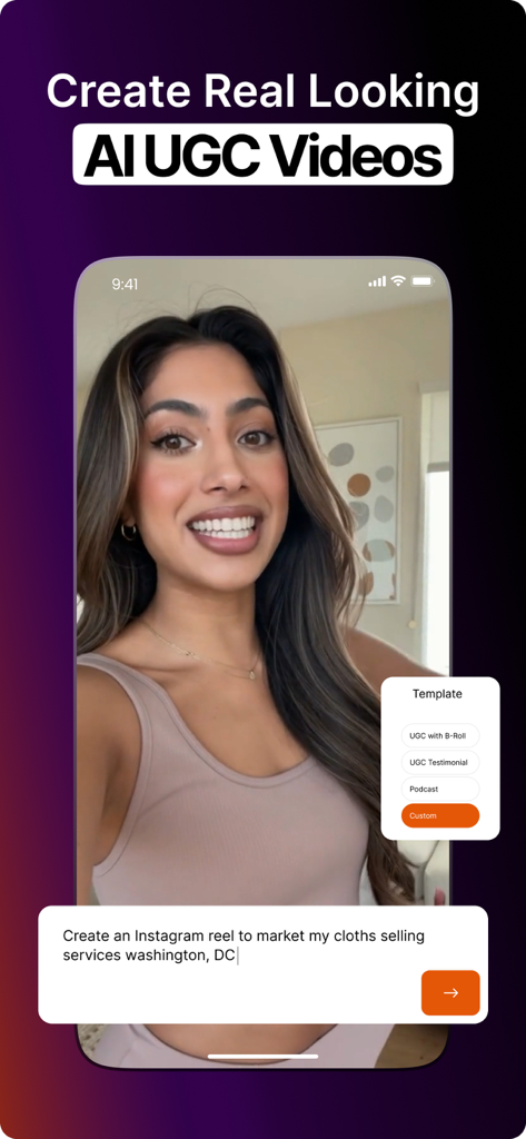 Interfaz de la aplicación Scalio que muestra un actor de IA realista para un video UGC con opciones de plantilla y una indicación de texto