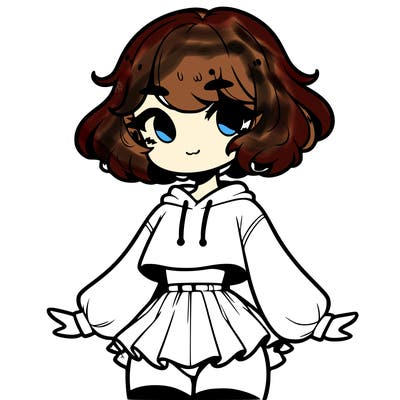 cute femboy with short, fluffy hair that softly frames their face, wearing a cropped hoodie, paired with a flouncy short skirt, and thigh-high stockings
