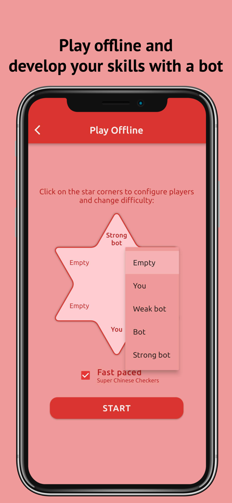 Chinese Checkers Online - Mobile app screen for configuring offline play with computer bots in Chinese Checkers Online