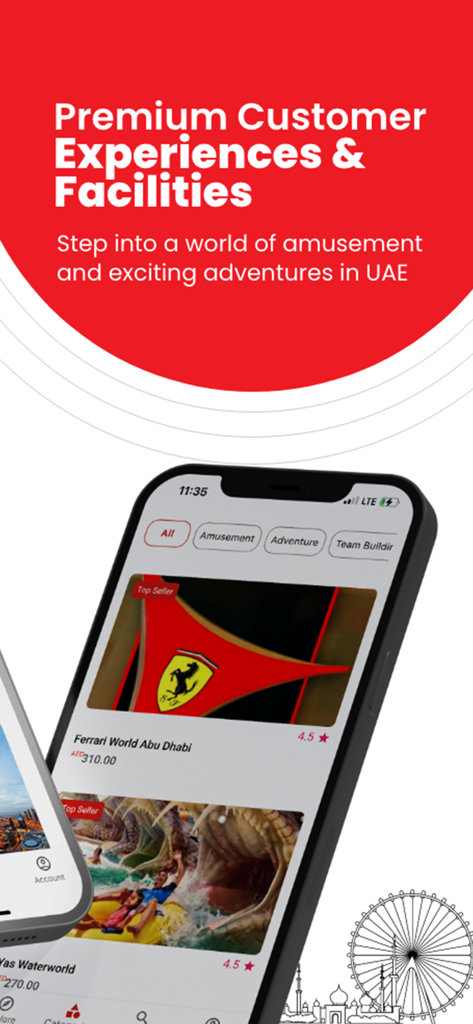 BookingBash: Tickets Made Easy - Mobile phone showing the BookingBash app with premium attraction tickets for Ferrari World and Yas Waterworld in the UAE.