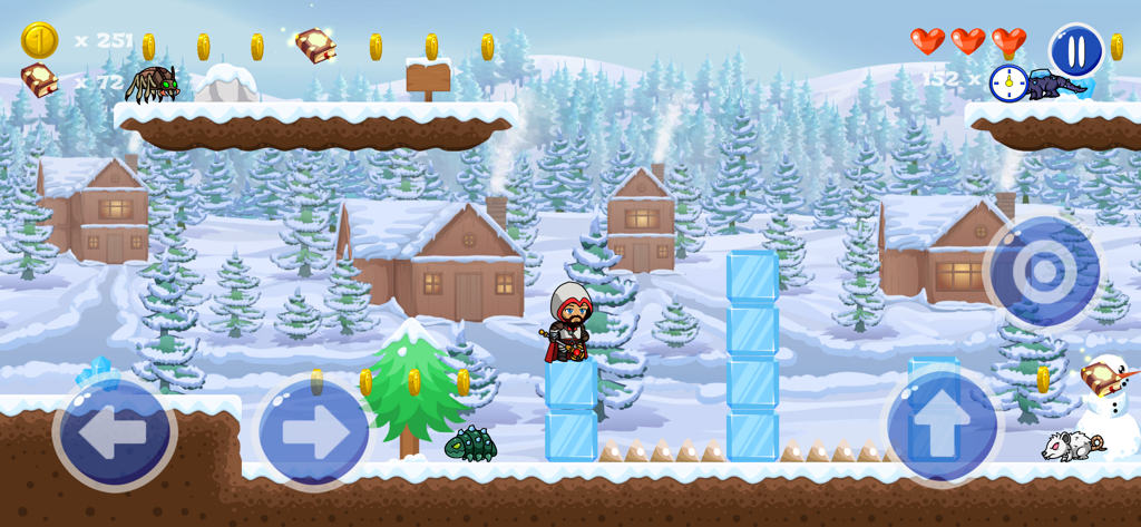 Wizard's World - A character in a red hood navigating a snowy platformer level with ice blocks and winter houses in the background.