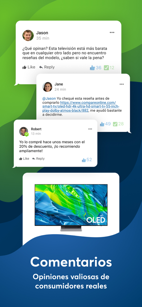 Interfaz de la app PromoDescuentos mostrando comentarios de usuarios y reseñas de consumidores para productos