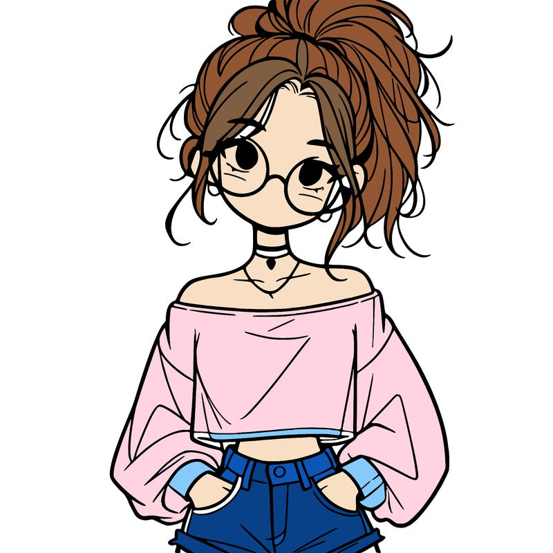 girl with a messy ponytail glasses a baggy crop top and jean shorts