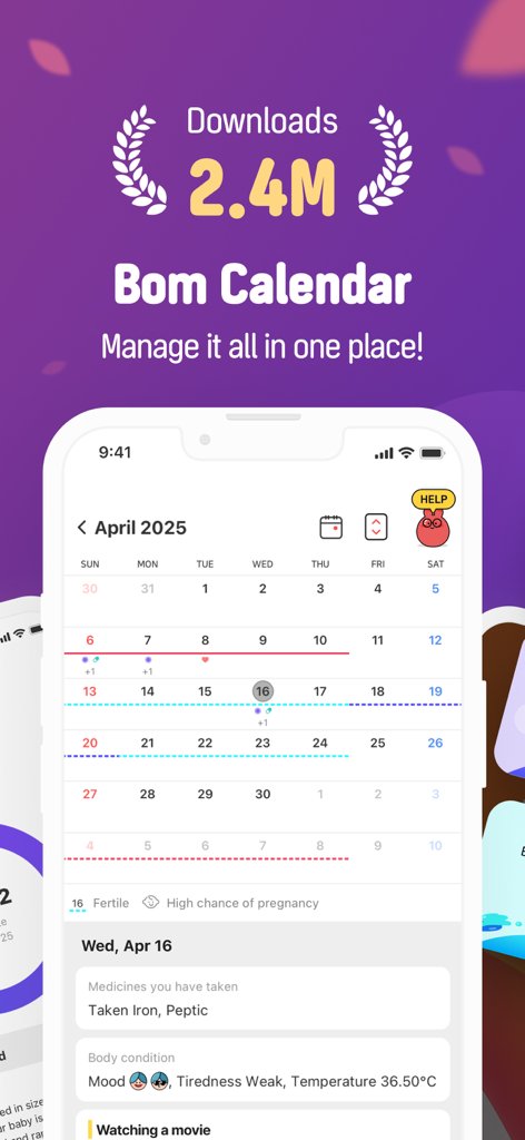 Bom Calendar mobile app screenshot showing period tracking calendar and daily health logs