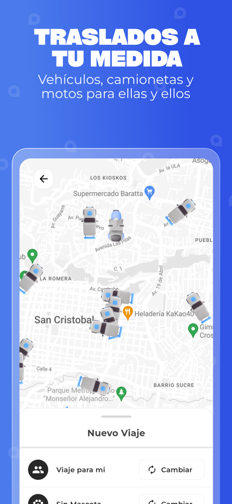 Raddi app map interface for booking personalized transportation services in Spanish.