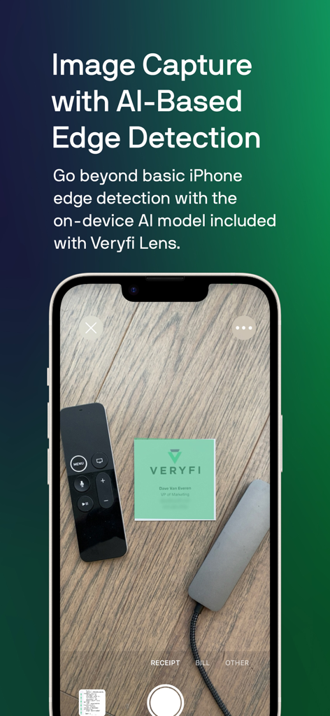 Veryfi Lens mobile app demonstrating AI edge detection for document capture