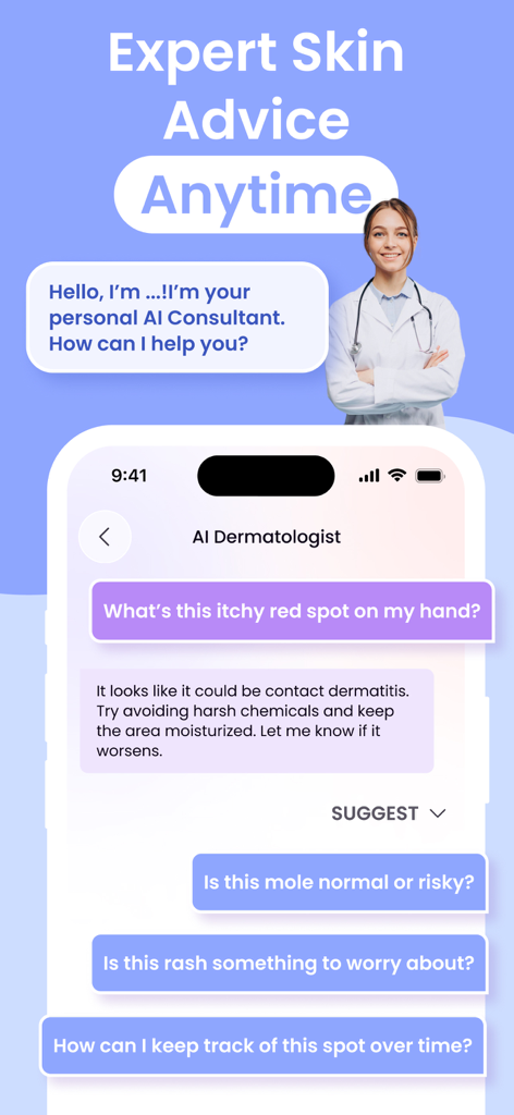 Interfaz de la aplicación móvil que muestra a un consultor de piel IA brindando asesoramiento sobre una erupción cutánea a través de chat.