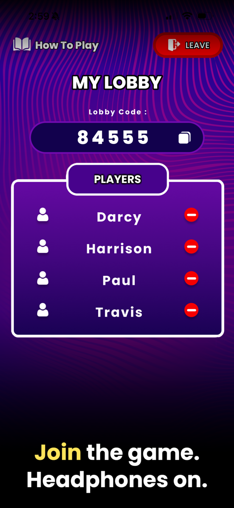 Who Is The Imposter? - Tela do lobby do aplicativo móvel Quem É O Impostor mostrando o código do lobby e uma lista de jogadores conectados.