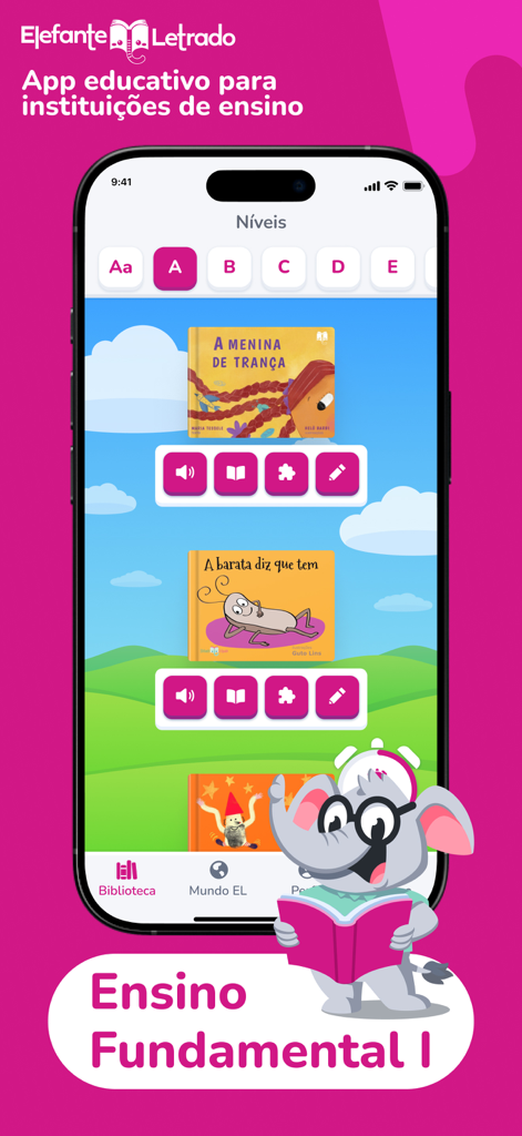 Interface of the Elefante Letrado app showing a digital library with children's books and a friendly elephant mascot.