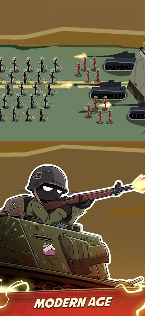 Stickman soldiers and tanks in a Modern Age battle scene
