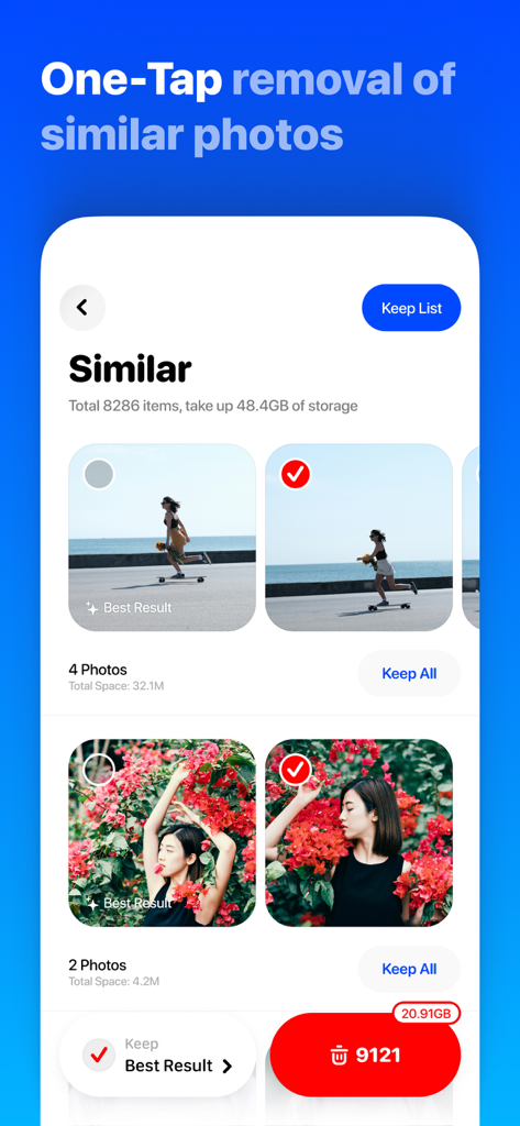 Photos Cleaner: Minus Photos - Interfaccia dell'app Minus Photos che mostra il rilevamento e la rimozione con un solo tocco di immagini simili per risparmiare spazio di archiviazione
