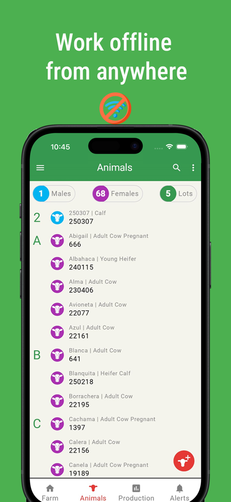 Control Ganadero - Control Ganadero App-Oberfläche mit einer Liste von Vieh und einem Banner, das die Offline-Arbeitsfähigkeit bewirbt