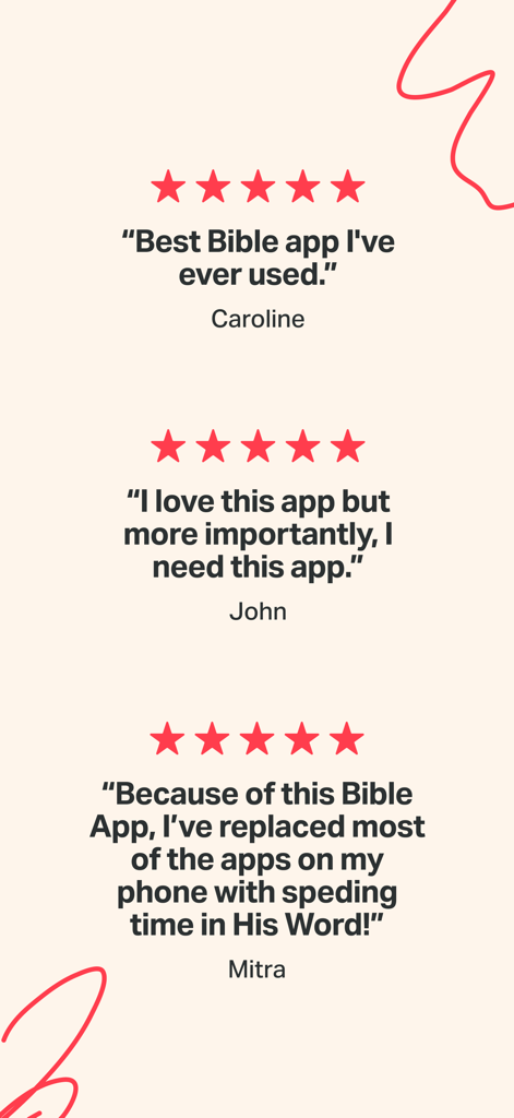 Positive user reviews and five star ratings for the YouVersion Bible App
