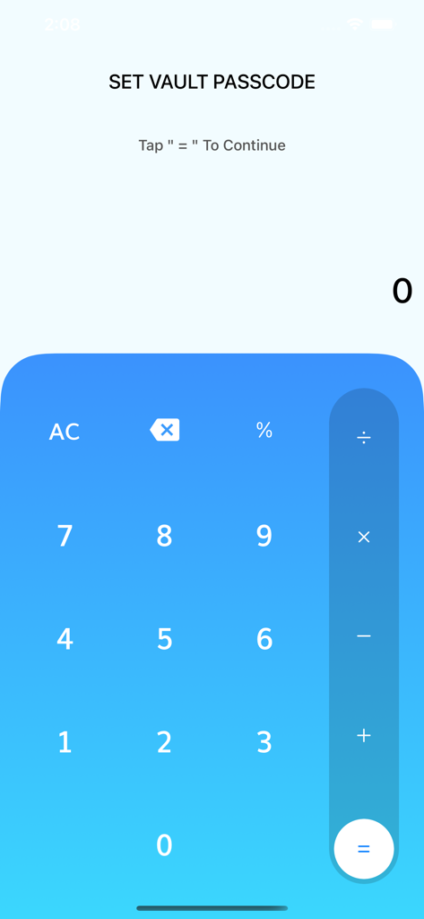 Calculator Vaultアプリで秘密のパスコードを設定する画面。
