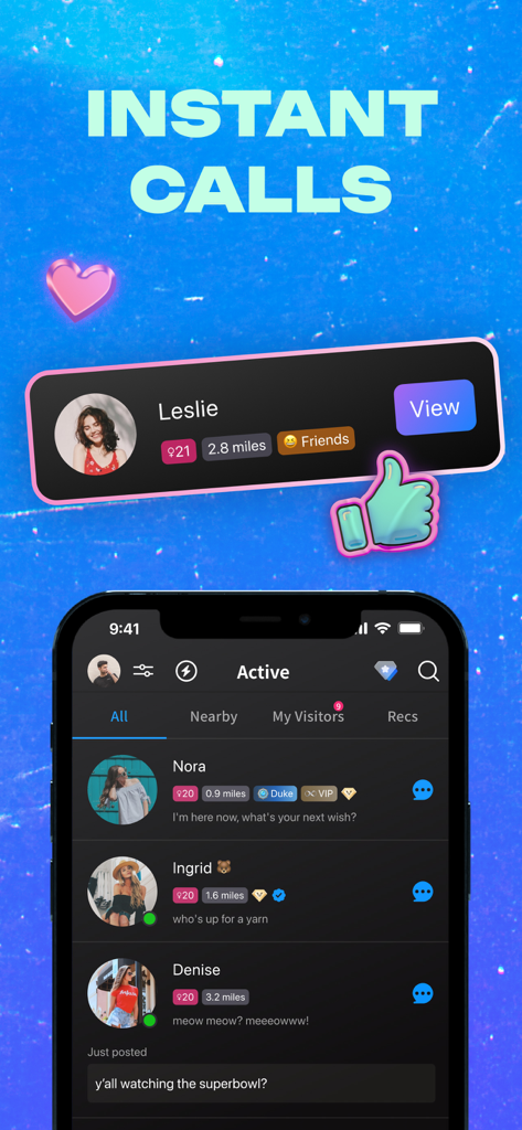 Goodnight: Dating & Voice Chat - Interface of the Goodnight app displaying the instant voice calls feature and a list of active users nearby