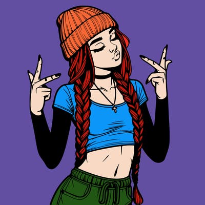 realistic teenage girl with braids and a beanie and crop top doing 🫶🏼