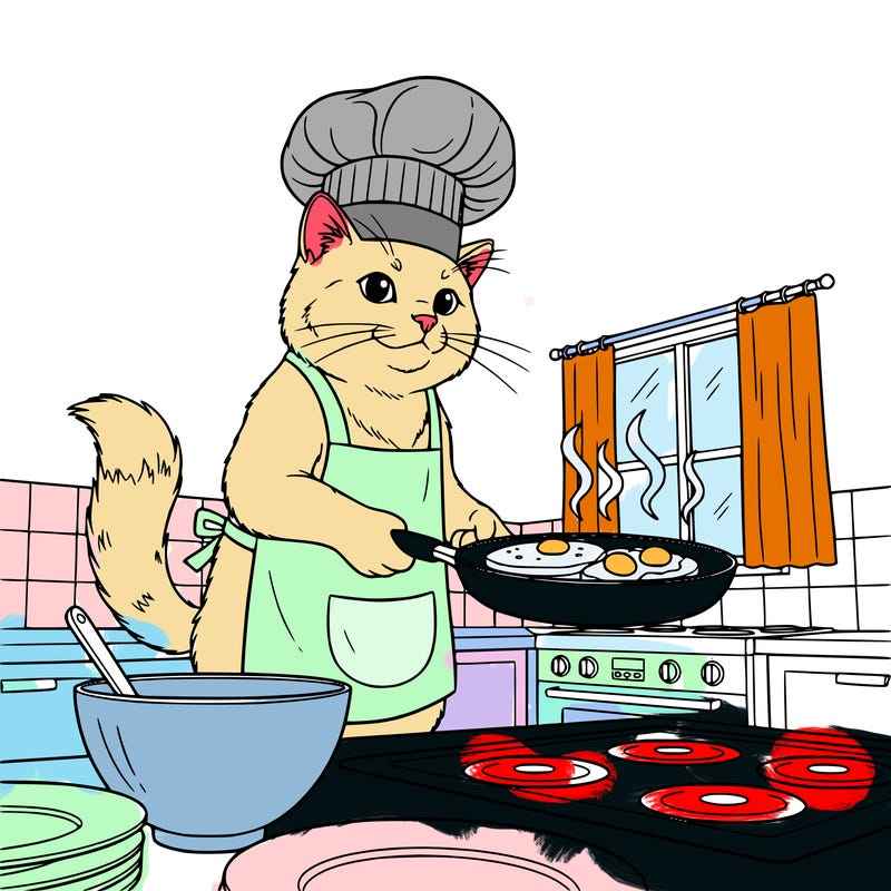 a cat wearing a apron and chef hat in a kitchen cooking breakfast