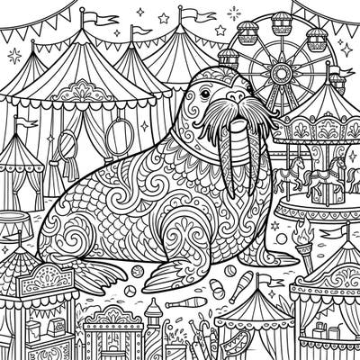 Immerse yourself in a whimsical carnival scene featuring a majestic walrus adorned with detailed patterns. This intricate adult coloring page promises hours of relaxation and creative expression.