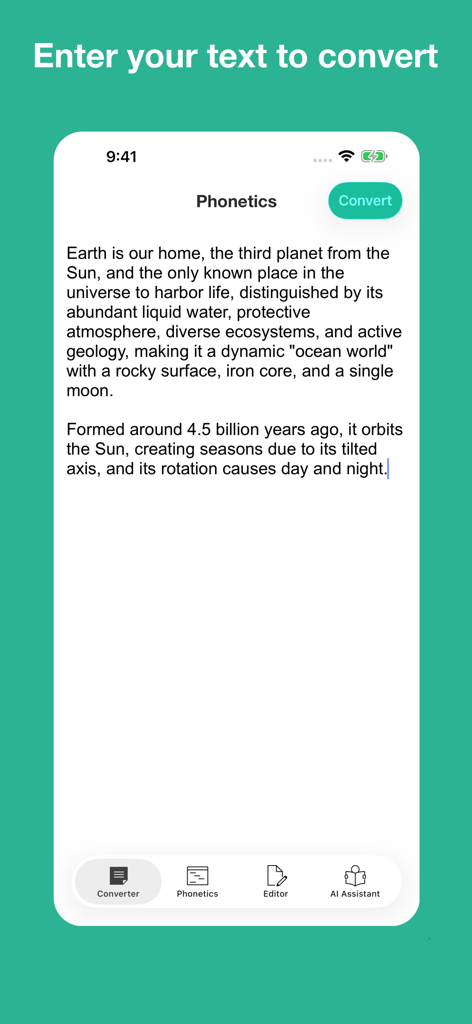Interface of the English to Phonetics Converter app showing a text input field for phonetic transcription.