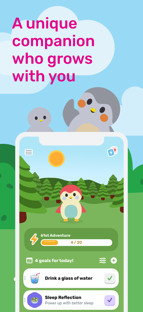 Finch: Self-Care Pet - Pantalla de la app de autocuidado Finch mostrando una linda mascota finch y metas diarias de seguimiento de hábitos
