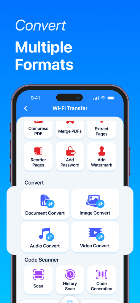 Phone Cleaner & File Manager - A mobile app interface showcasing file conversion tools for documents images and videos