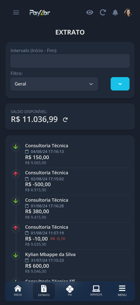 Pay2br - Pantalla del historial de transacciones de la aplicación móvil Pay2br mostrando el saldo de la cuenta y los pagos recientes en Reales Brasileños