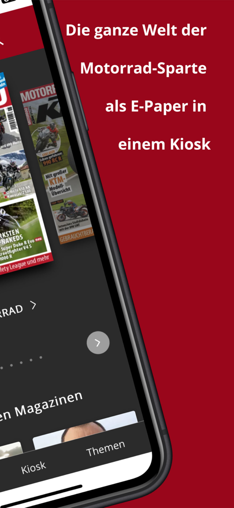 Motorrad Kiosk - Teléfono inteligente mostrando la aplicación Motorrad Kiosk con varias revistas de motocicletas
