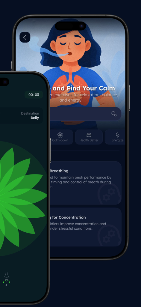 Calmora - Mindfulness - Two iPhone screens displaying the Calmora app with a breathing visualization and guided wellness exercises.