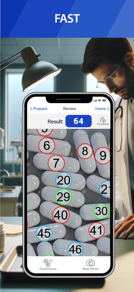 CountThings from Photos - CountThingsアプリが64錠の錠剤にラベルを付け、カウントしている様子を示すスマートフォンの画面。