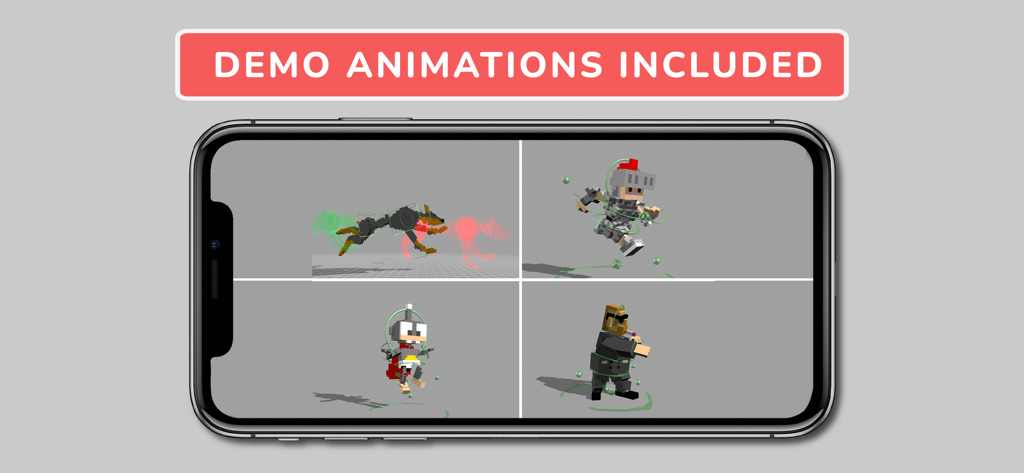 Animatoon Pro - IPhone screen displaying four different 3D voxel character animations with a banner stating demo animations included