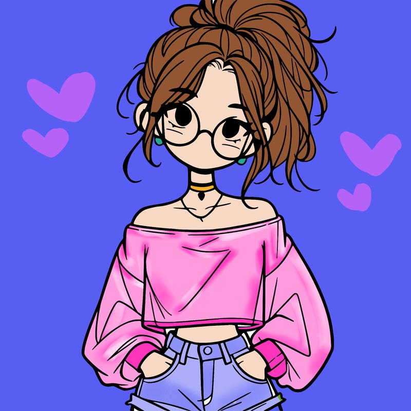 girl with a messy ponytail glasses a baggy crop top and jean shorts