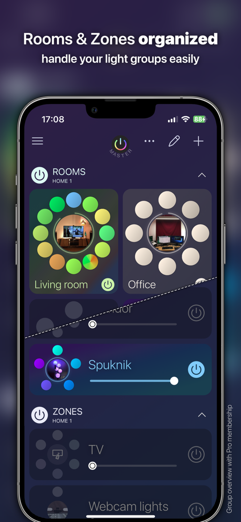 Interface of the iConnectHue app showing light group organization for rooms and zones