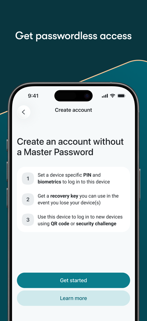 Dashlane Password Manager - Dashlane app interface for creating an account without a master password using biometrics and PIN