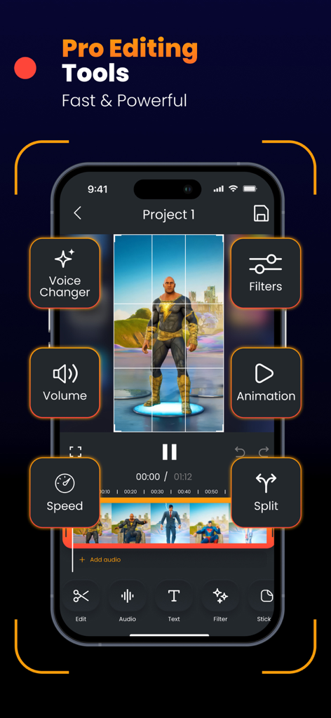 Screen Recorder - Video, Games - A mobile interface showcasing professional video editing features like voice changer filters and speed control for gaming clips
