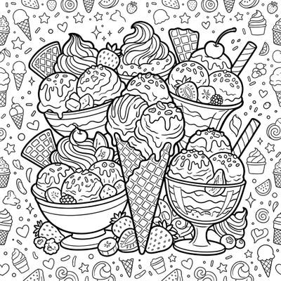 Indulge your artistic cravings with this delightful ice cream and gelato coloring page, specifically designed for teens. Explore a detailed world of creamy scoops, melting textures, and yummy toppings awaiting your vibrant touch.