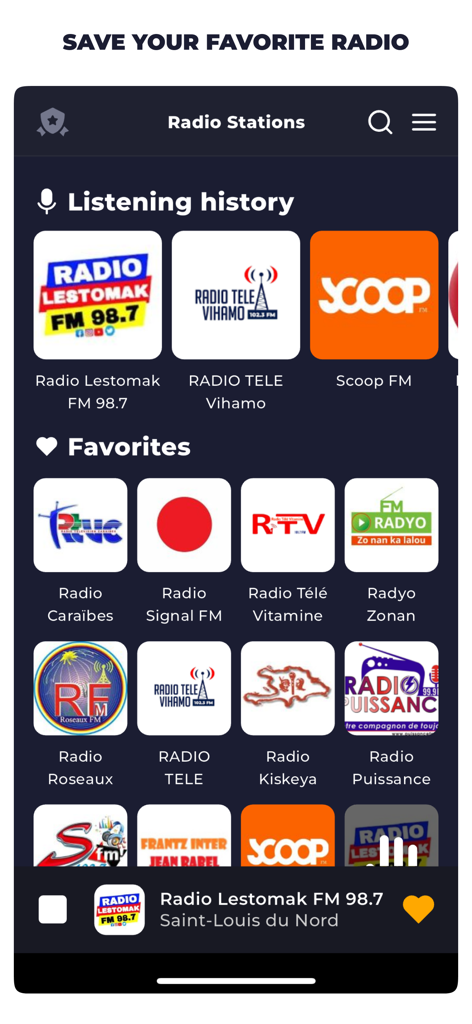 A display of favorite and recently played Haitian radio stations within the app.