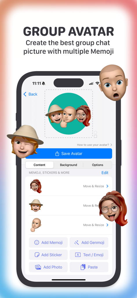 グループチャット用の複数のMemojiでグループプロフィール写真を作成する方法を示すLikenessアプリインターフェース。