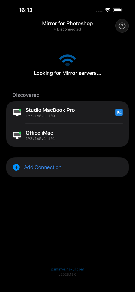 Mirror for Photoshop - Pantalla de la aplicación Mirror for Photoshop mostrando una lista de servidores de computadora descubiertos para conectarse para la transmisión de diseño en tiempo real