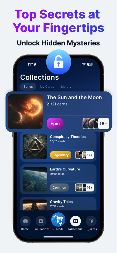 Flataverse: Explore Flat Earth - Flataverse mobile app interface showing collectible card series for conspiracy theories and alternative science