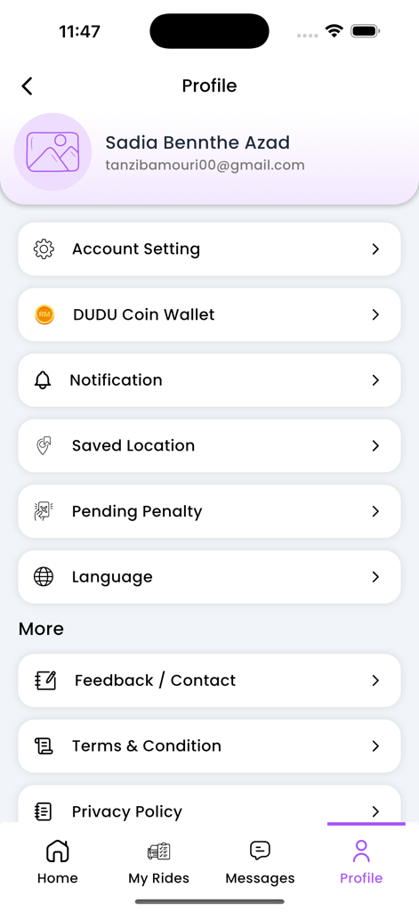 DUDU Car Malaysia - DUDU Car Malaysia Mobile App-Benutzerprofil und Einstellungsbildschirm