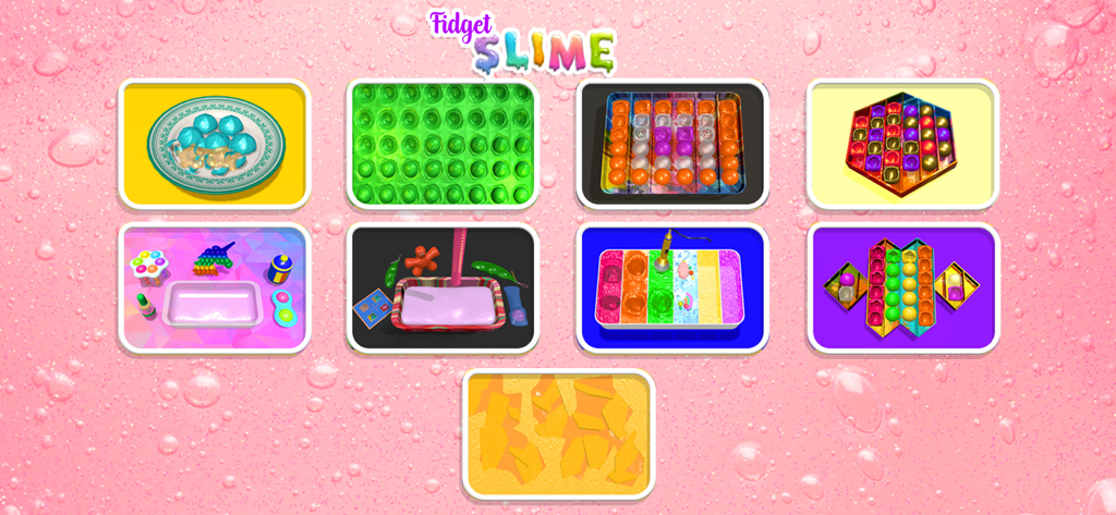 Fidget Slime Kit! Sensory Play - Main menu of the Fidget Slime Kit app showing different sensory play activity options like pop-its and slime mixing