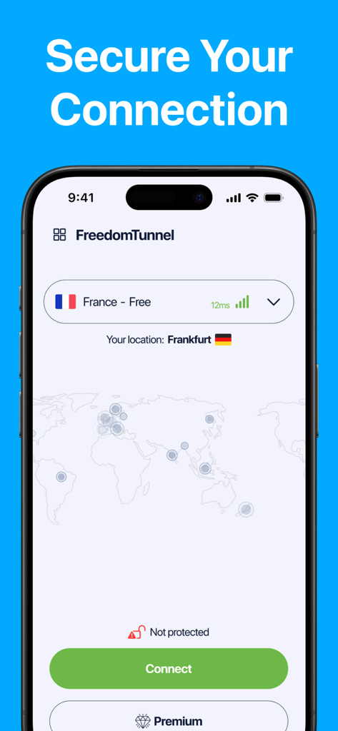 VPN Unlimitedㅤ - Smartphone displaying the VPN Unlimited app interface with a world map and a green connect button