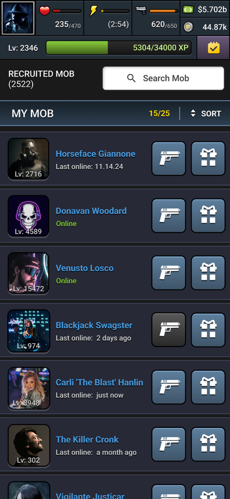 Mob Wars LCN: Underworld Mafia - User interface showing the recruited mob list and player stats in Mob Wars LCN