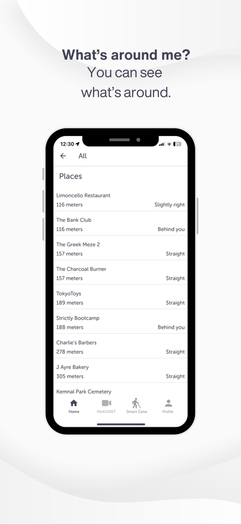 List of nearby places with distances and directions displayed in the WeWALK app explore mode
